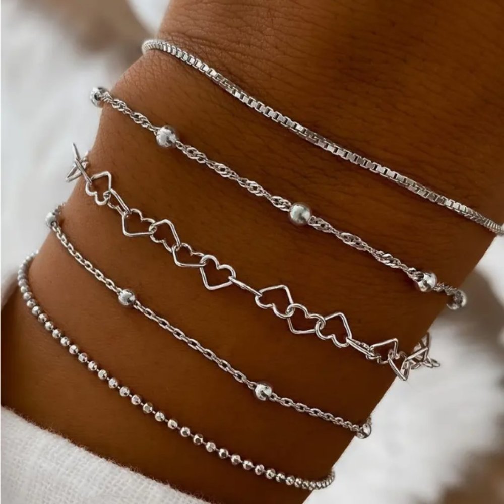 5pc Silver Tone Bracelet Set Jewelry Gift Beaded Hearts Chains